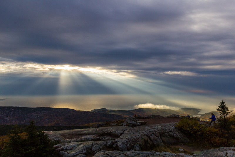rock, dramatic sky, tranquility, sky, sunset, acadia national park pond, ocean, clouds, scenics - nature, rock - object, tranquil scene, sunlight, united states
