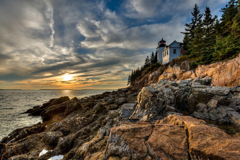 1080P, clouds, national Park, lighthouse, trees, Arcadia National Park, sunset, landscape, rocks, nature, ate, coast, Acadia, the ocean, stones