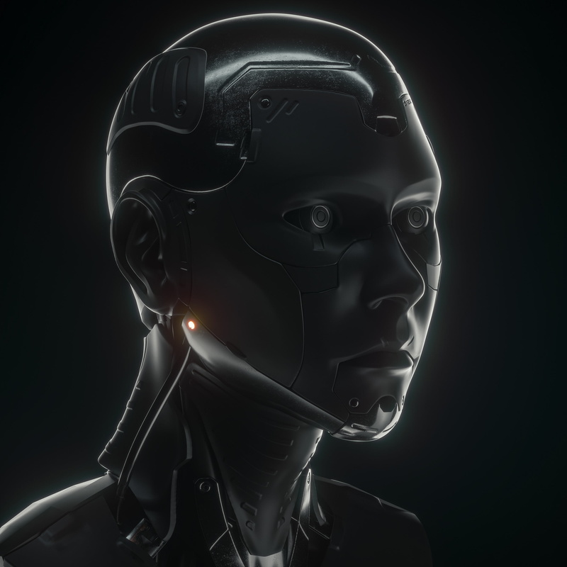 cyborg, contemplation, studio shot, art and craft, 2K, 3D, profile view, technology, human representation, creativity, body part, black background, Timo Noack