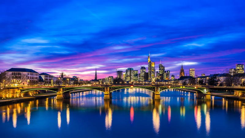 sunset, 1080P, cityscape, building, Timo Gebel, lights, bridge, skyscraper, night, water, trees, photography, sky, reflection