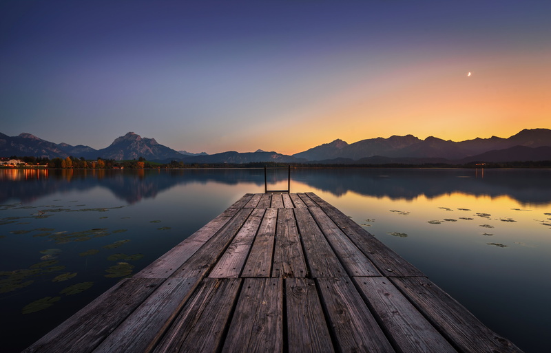 trees, sunset, reflection, crescent moon, outdoors, 5K, ladder, photography, Timo Gebel, mountains, lights, landscape, water, lily pads, pier, nature