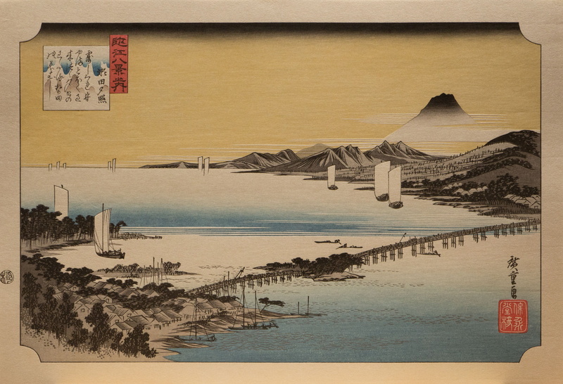 hills, evening glow, Japanese Art, water, bridge, 1080P, mountains, Utagawa Hiroshige, boat, Traditional Artwork, trees, woodblock print