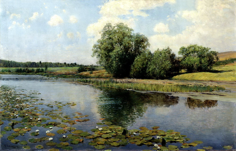 nature, artwork, lily pads, reflection, classic art, 1080P, Ilya Ostroukhov, painting, river