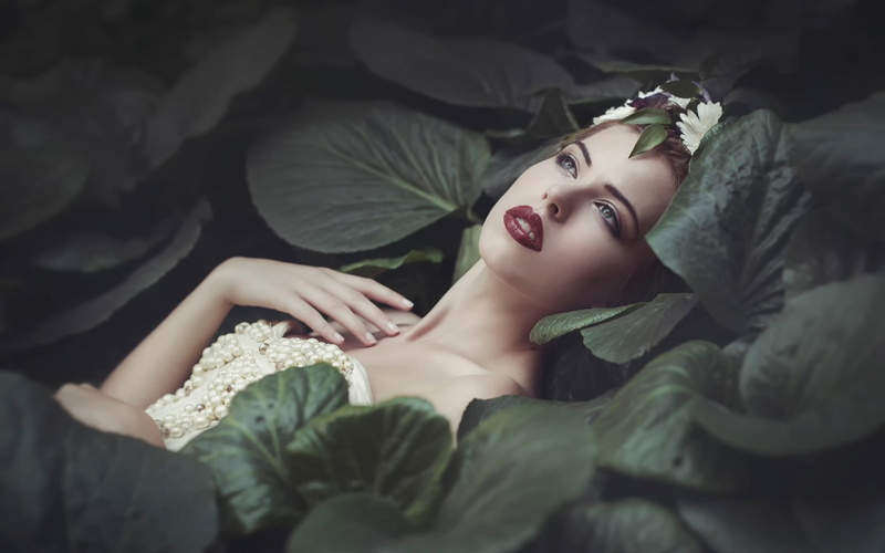 model, nature, women, red lipstick, lily pads, brunette, 720P