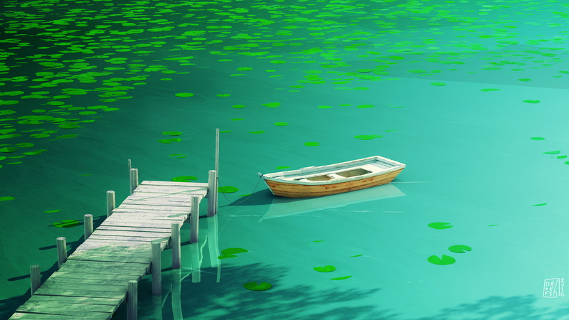 2K, artwork, lake, plants, dock, lily pads, pier, boat, nature