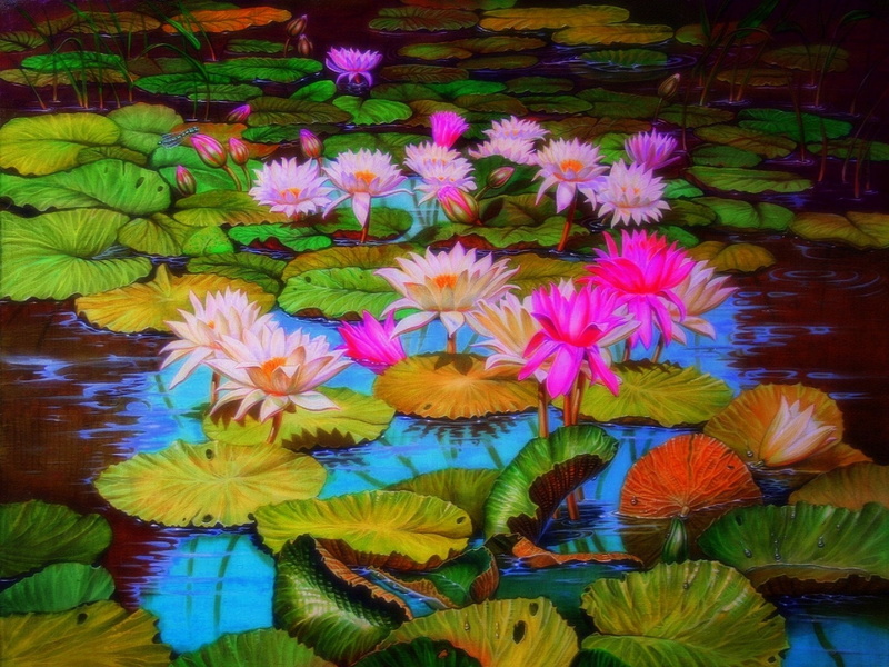 Pond, Painting, 1080P, Artistic, Flower, Lily Pad, Lotus, Nature, Flowers, Pink Flower