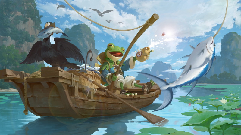 paddle, birds, flowers, lily pads, mountains, fishing, fishing rod, lake, 1080P, boat, frog, fish, digital art, fantasy art, alcohol, Yeonji Rhee