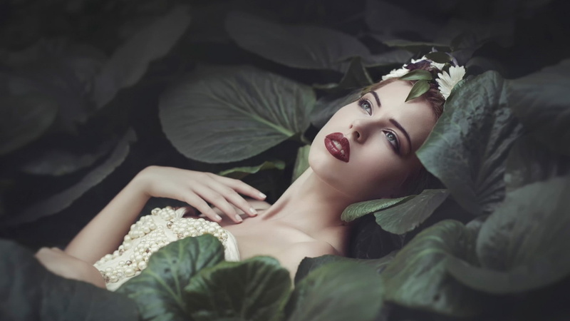 open mouth, dress, model, women outdoors, red lipstick, flower in hair, lily pads, face, 1080P, leaves, pearls, women, brunette, nature