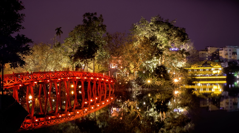 hoan kiem lake, building exterior, outdoors, celebration, no people, architecture, christmas decoration, thue huc bridge, illuminated, dusk, tourism, evening lights