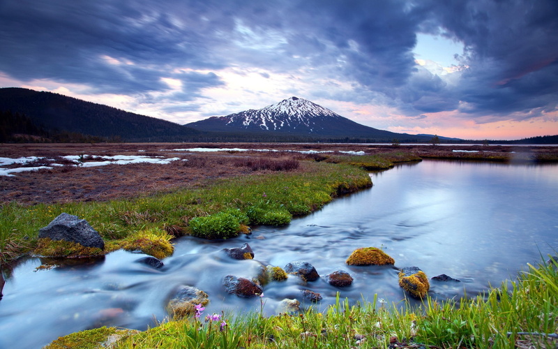 Wetland, 1080P, Snow, Sky, capped, River, Cloudy, Mountains, Landscape, Sunset