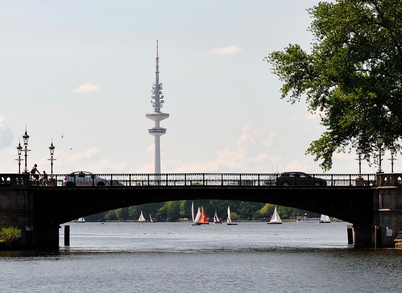 hanseatic city, plant, sailing boats, tall - high, outdoors, bridge, alster, binnenalster, sky, connection, tele michel, radio tower, travel, nature, tree