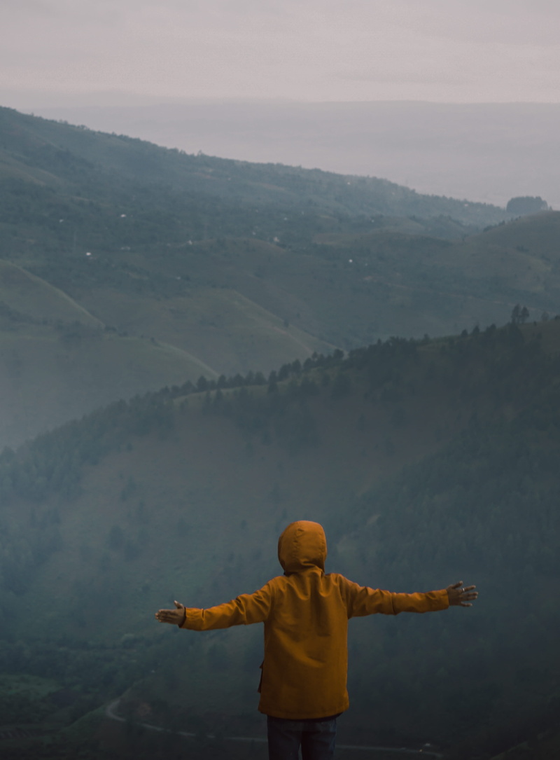 clothing, lifestyles, men, human, fog, back, idyllic, wearing, person, leisure activities, mountain range, grey, sculpture, limb, jacket, indonesia, menara pandang tele
