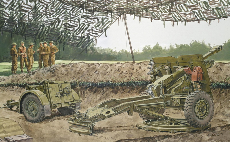 English, gun, QF Mk. II, 1080P, figure, position, art, artist Ron Volstad., 25-pound