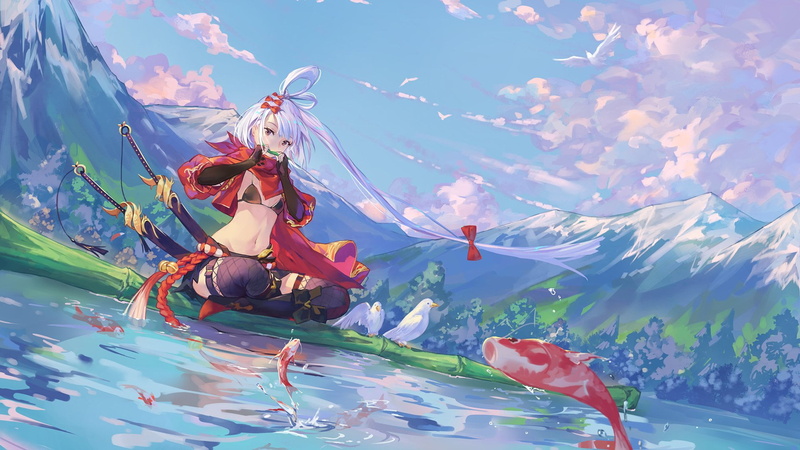 blue, outdoors, beauty in nature, Anime, Fish, day, sea, Sword, inflatable, water, Girl, representation, Sky, waterfront, Pond, Cloud, leisure activity