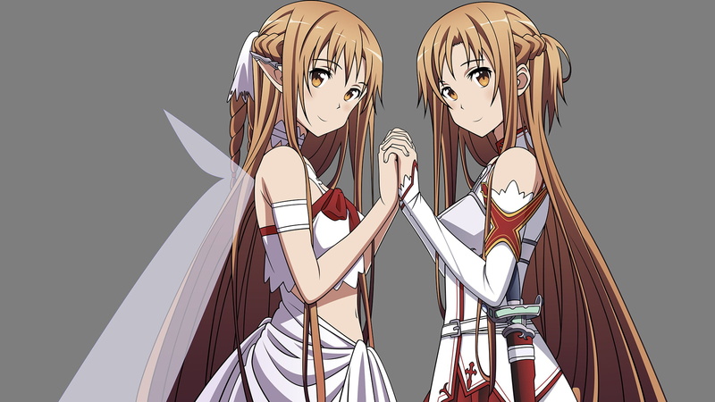 wearing, art and craft, disguise, human representation, no people, two, character, dress, white, anime girls, built structure, studio shot, Yuuki Asuna