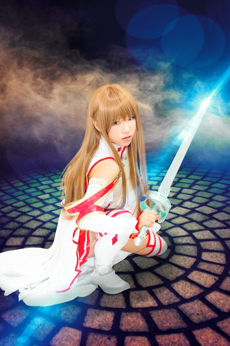 thigh-highs, sitting, women, brown eyes, 1080P, cosplay, sword, Sword Art Online, Asian, blonde, long hair, Yuuki Asuna