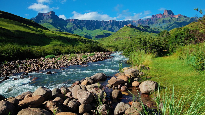 rocks, landscape, South Africa, sky, Royal Natal National Park, 1080P, clouds, grass, spring, nature, mountains, water, plants