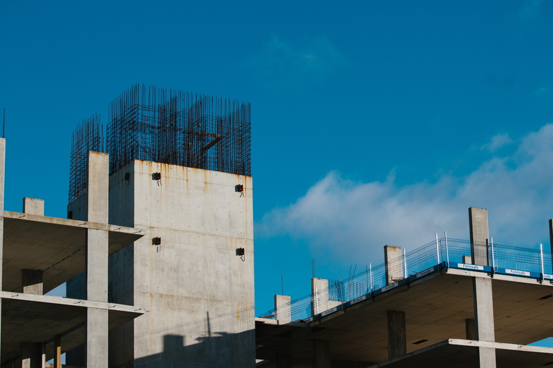 industrial building, 5K, blue, cloud - sky, low angle view, financial district, urban, architect, factory, building, unfinished, office building exterior