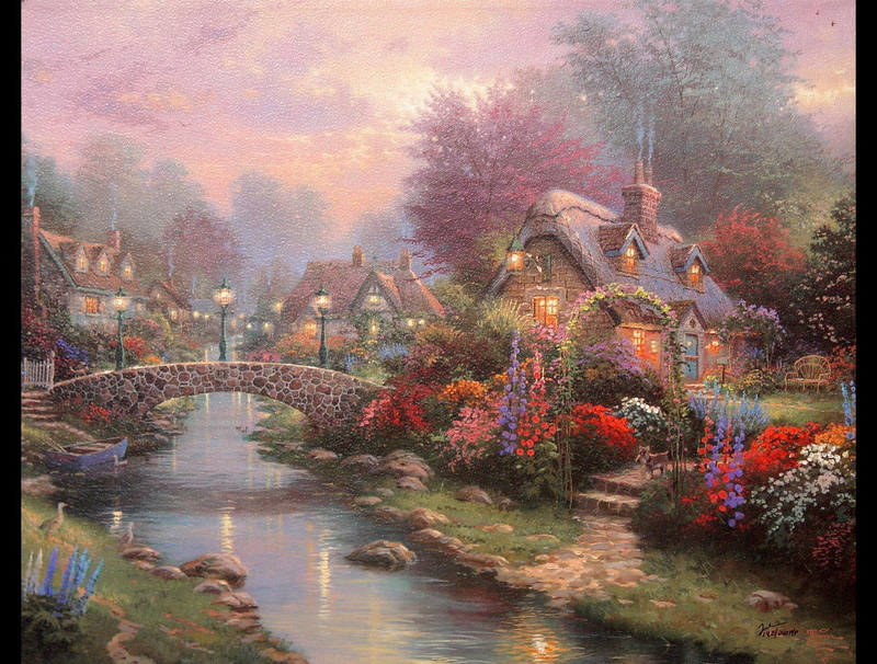 lamplight, bridge, lights, trees, animals, cottage, houses, 1080P, arch, village