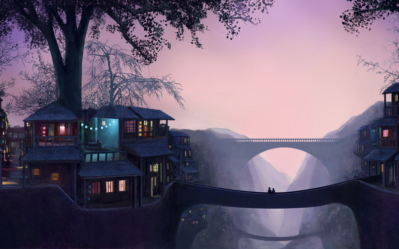 bridge, fantasy, photo, art, houses, fantasy art, 2K, tree