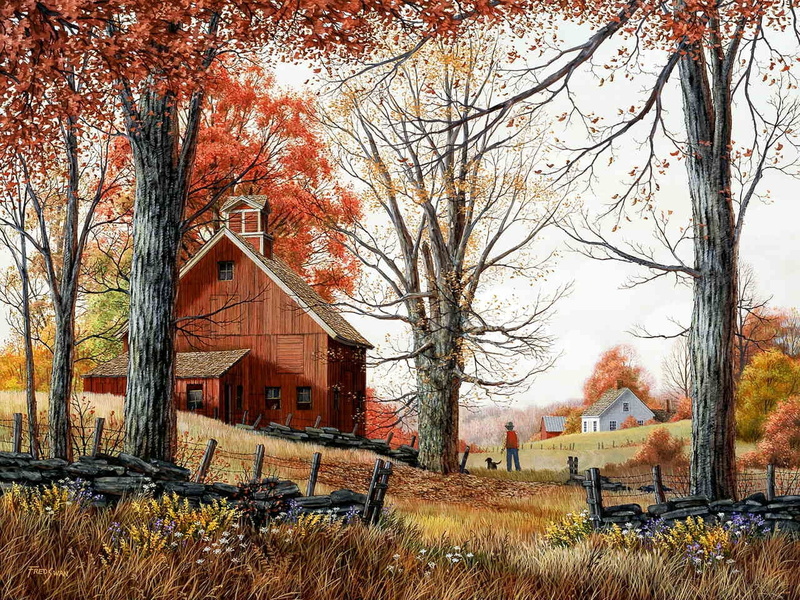 walk, fence, 720P, hd, art, abstract, barn, man, autumn, house, dog