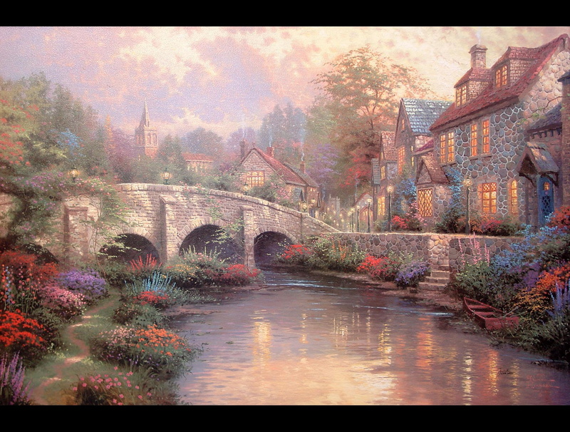 house, stones, river, cobblestone, village, body, animals, 1080P, bridge, painting, flowers, water, brook