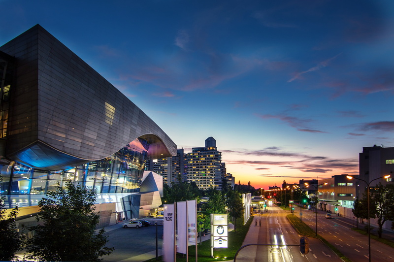 modern, sky, city life, cityscape, architecture, munich, blue hour, financial district, bmw welt, city, tree, street, office building exterior, dusk, sunset