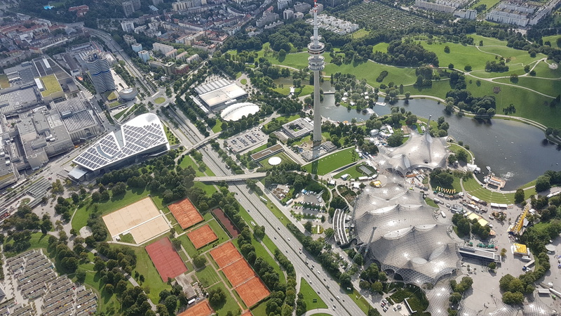 bavaria, sports center, city, road, day, water, transportation, no people, sunny, growth, outdoors, high angle view, bmw welt, building exterior, olympia tower
