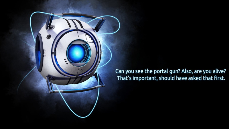 blue, no people, cyborg, Valve Corporation, Valve, sign, black background, illuminated, camera, Portal 2, technology, cable, light - natural phenomenon