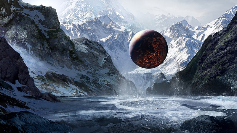 mountain range, round, globe, mountains, mountain, mountain peak, water, nature, ice, rock, flowing water, outdoors, sphere, snowcapped mountain, planet
