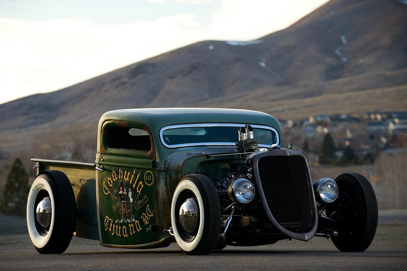car, hotrod, 1080P, classic, ratrod, vintage, 1935, green, street, black, antique, pickup, ford, custom