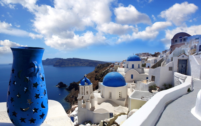 vacation, santorini, blue, buildings, greece, 2K, holiday, sea