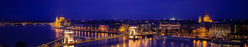 Lights, Capital, Hungarian Parliament Building, bridge, 5K, Hungary, boat, building, river, blue, Budapest, city, gold, Europe, night, Chain Bridge, panorama