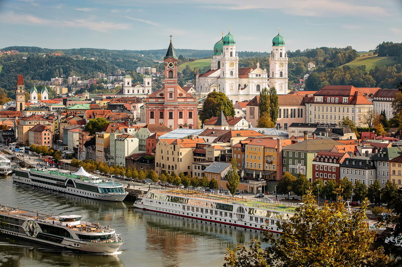 no people, tourism, built structure, nautical vessel, Bayern, 1080P, cityscape, place of worship, Church, architecture, Saint Paul, river, religion, The Danube