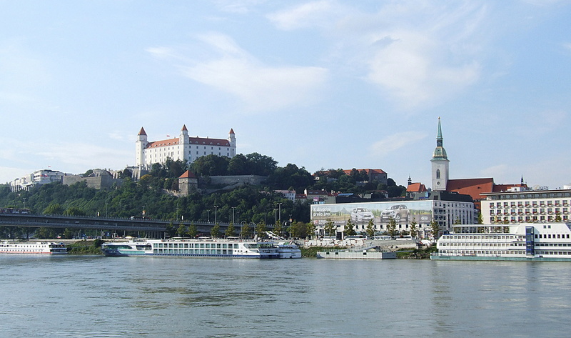 nature, government, tower, waterfront, history, no people, city, view, passenger craft, the danube, sky, old, bratislava, mode of transportation, nautical vessel