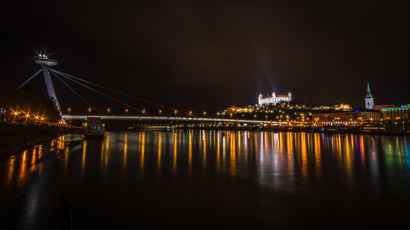skyscraper, castle, building exterior, city, lights, connection, built structure, modern, body of water, bratislava, slovakia, outdoors, nightlife, view