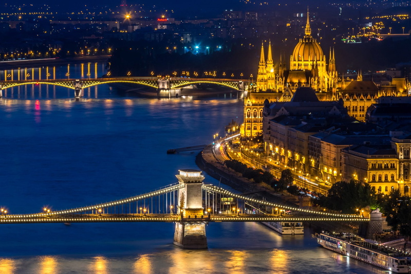 Bridge, Budapest, Light, River, Night, 1080P, Monuments, Hungary, Hungarian Parliament Building