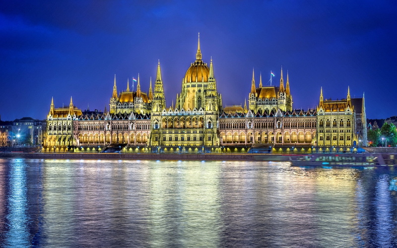 Hungary, Budapest, City, Night, Building, 1080P, Parliament, Lighting, River