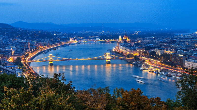 city, travel destinations, illuminated, chain bridge, built structure, government, bridge - man made structure, nature, river, high angle view, the danube