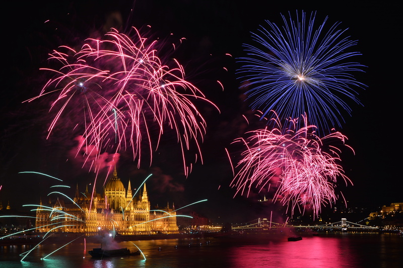 festival, firework display, budapest, reflection, multi colored, illuminated, at night, national holiday, hungarian, outdoors, new years eve, nature, in the evening