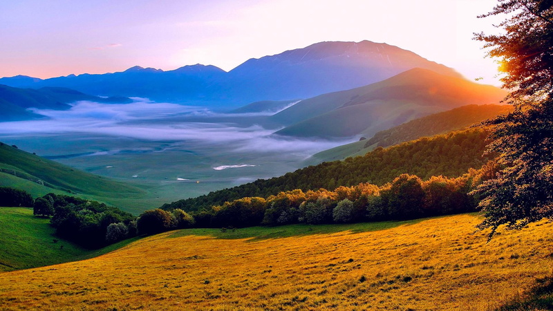 hills, umbria, landscape, mist, sunrays, sunrise, 1080P, italy
