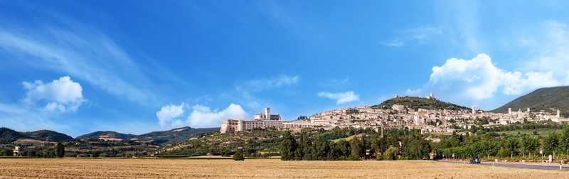 beauty in nature, sky, blue, travel, roofs, land, environment, assisi, panoramic, outdoors, no people, trip, city, mountain, pilgrimage, built structure