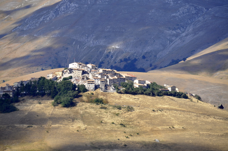 high angle view, mountain, italy, built structure, outdoors, day, no people, castelluccio, 4K, building, beauty in nature, land, tree, mountain range