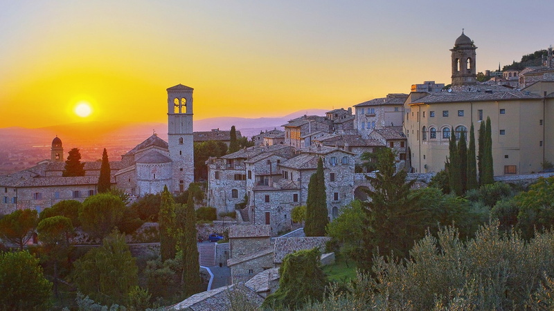 cathedral, buildings, sunrise, sky, church, 1080P, architecture, assisi, sunset, italy
