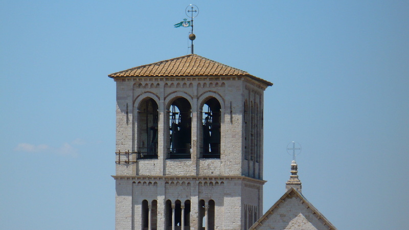 outdoors, sky, blue, belief, architecture, tower, clock, pilgrimage, no people, cross, built structure, nature, assisi, spire, spirituality, italy, day