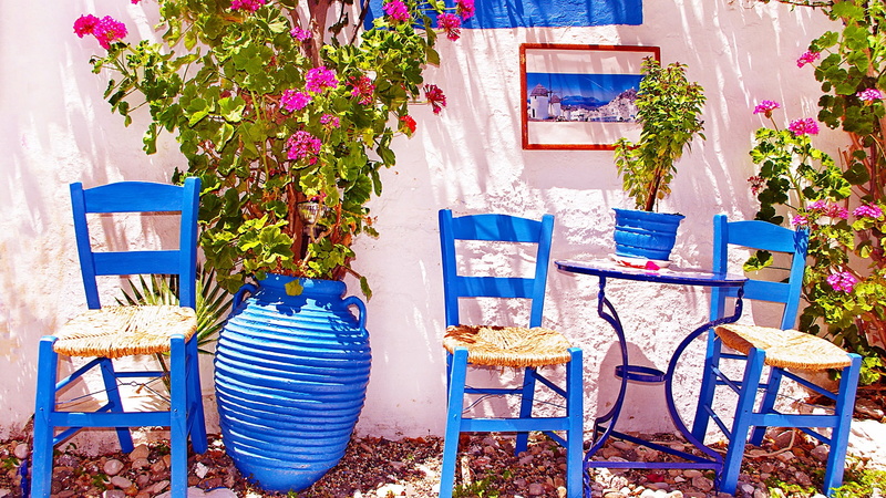 blue, home, flower, house, 1080P, greece, majorelle blue, chairs, floristry, chair