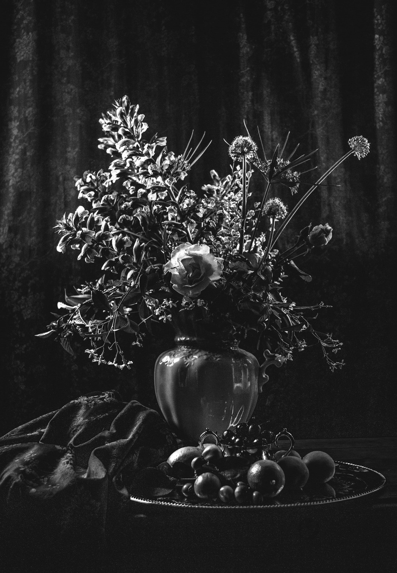 table arrangement, nature, flowering plant, charcoal, vase, dated, art, healthy eating, floristry, 4K, apple, fruit, growth, food, flower arrangement