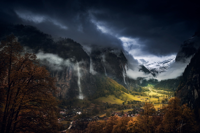 Switzerland, autumn, valley, Lauterbrunnen, 1080P, mountains, clouds, the sky, Staubbach falls, the Canton of Bern, municipality