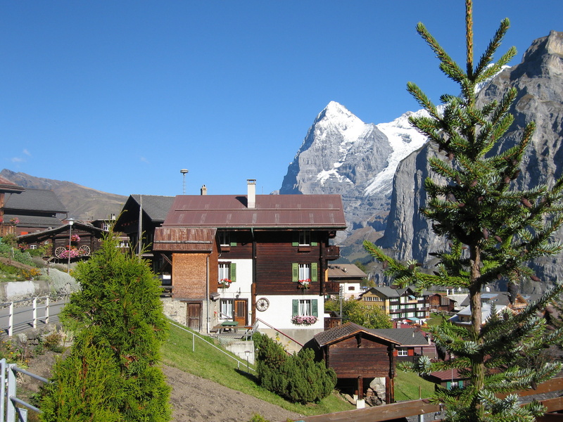 architecture, snowcapped mountain, 2K, nature, Eiger, mountain, plant, house, sky, tree, clear sky, building, built structure, day, myrren, beauty in nature