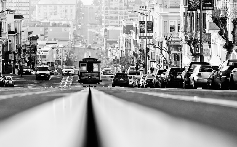 built structure, Black and White, mode of transportation, grayscale, California, land vehicle, United States of America, nob hill, united states, usa, vehicles